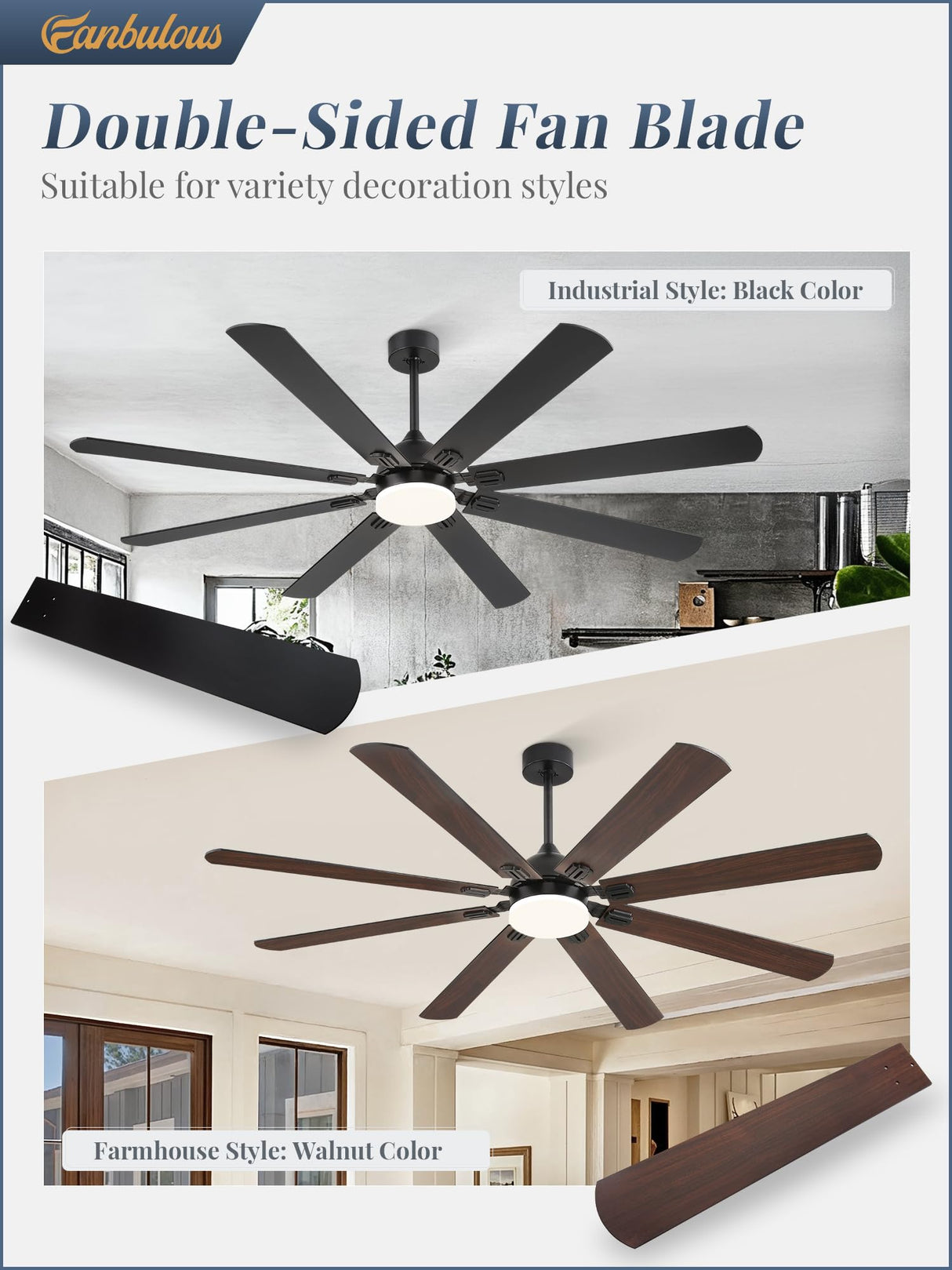 Fanbulous 72 Inch Ceiling Fans with Lights, Black Modern Ceiling Fan with Remote,Large Farmhouse Indoor & Outdoor Ceiling Fan with 8 Dual Finish Blades, Quiet DC Motor, Bright LED Light Fanbulous