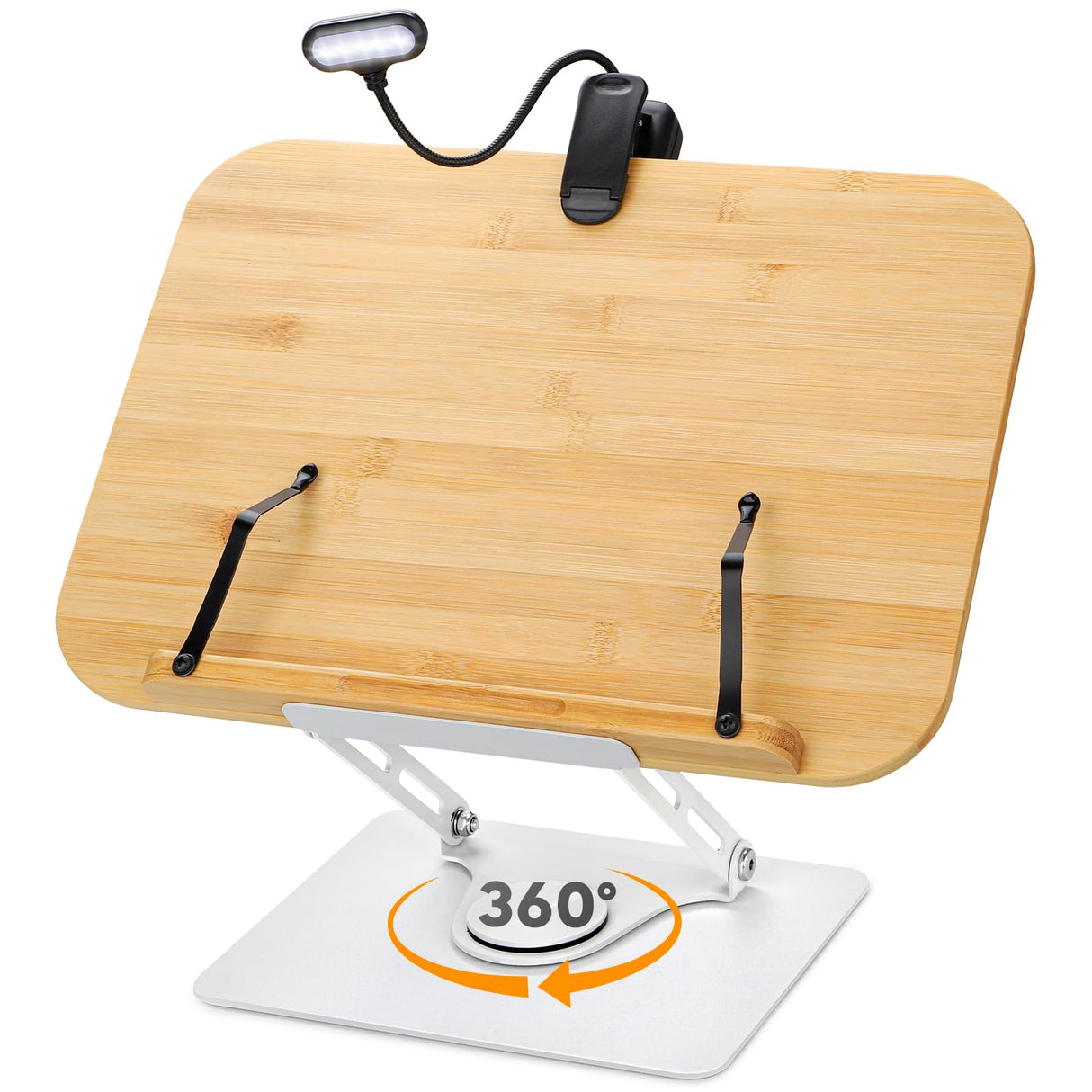 Book Stand for Reading Large Book Holder with 360° Rotating Base, 15.4"x11" Cookbook Stand Desktop Holder with Book Light, Foldable Desktop Stand for Textbook, Recipe, Laptop, Sheet Music FLINKYE