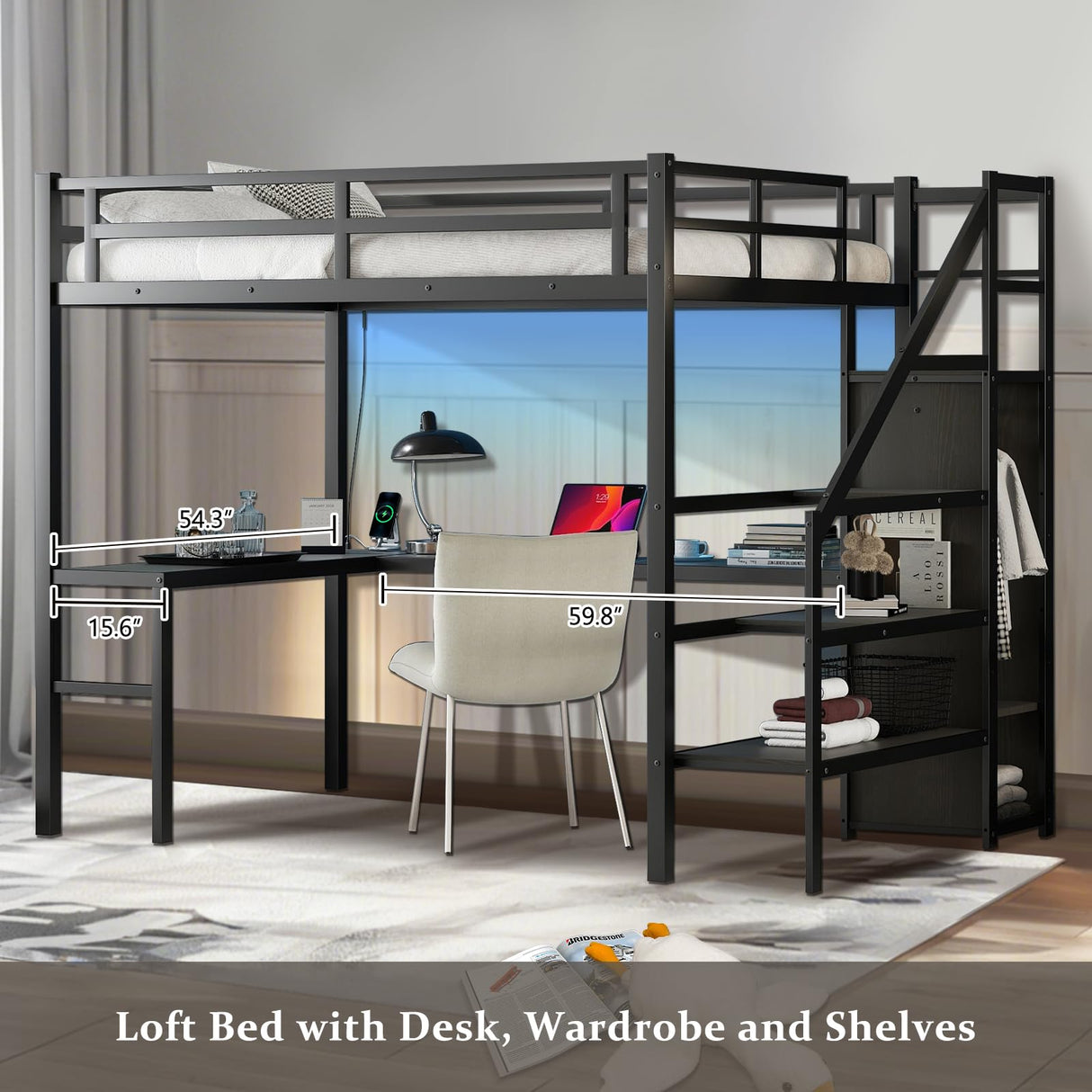 MAKIAAP Full Size Loft Bed with Desk and Wardrobe, Metal Heavy Duty Loft Bed Frames with Storage Stairs, LED Lights, Charging Station for Adults, Junior, Teens, Space Saving, Black (Full) MAKIAAP