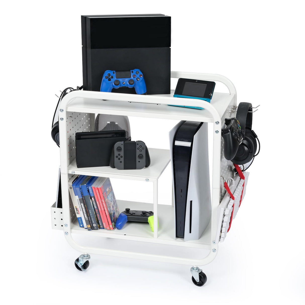 Mythinglogic Gaming Station Organizer, Metal Game Controller Holder, Video Game Console Storage Rack, Game Organizer Storage for PS5/PS4/Xbox/Switch/Game Accessories (White, 23.62" x 12.60" x 25.98") Mythinglogic