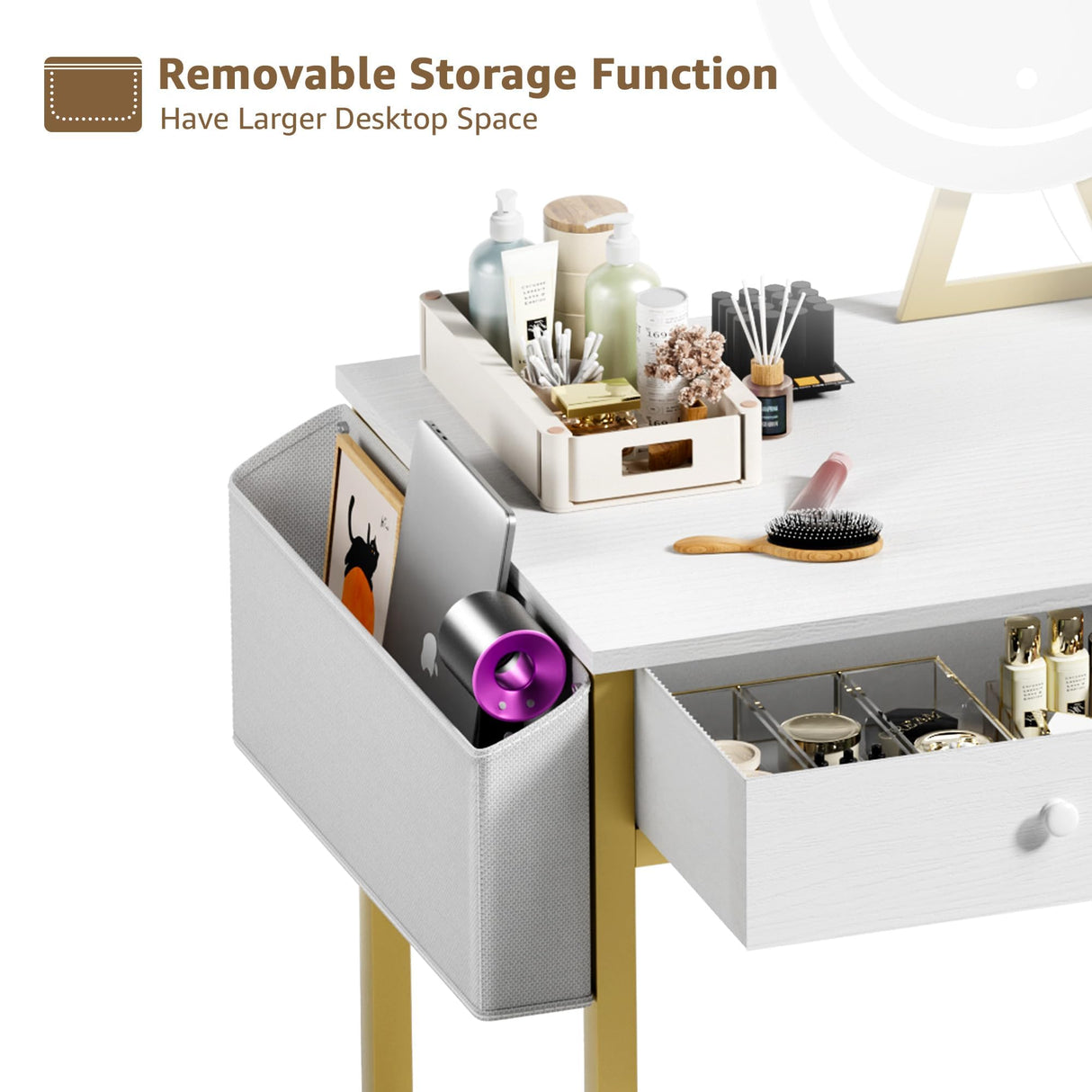 KAI-ROAD Makeup Vanity Desk with Mirror and Lights - Small White Gold Vanity Table with Fabric Drawers & Chair, Power Outlet, Modern Make Up Vanitys Desks Set, Dressing Table for Girls Bedroom KAI-ROAD