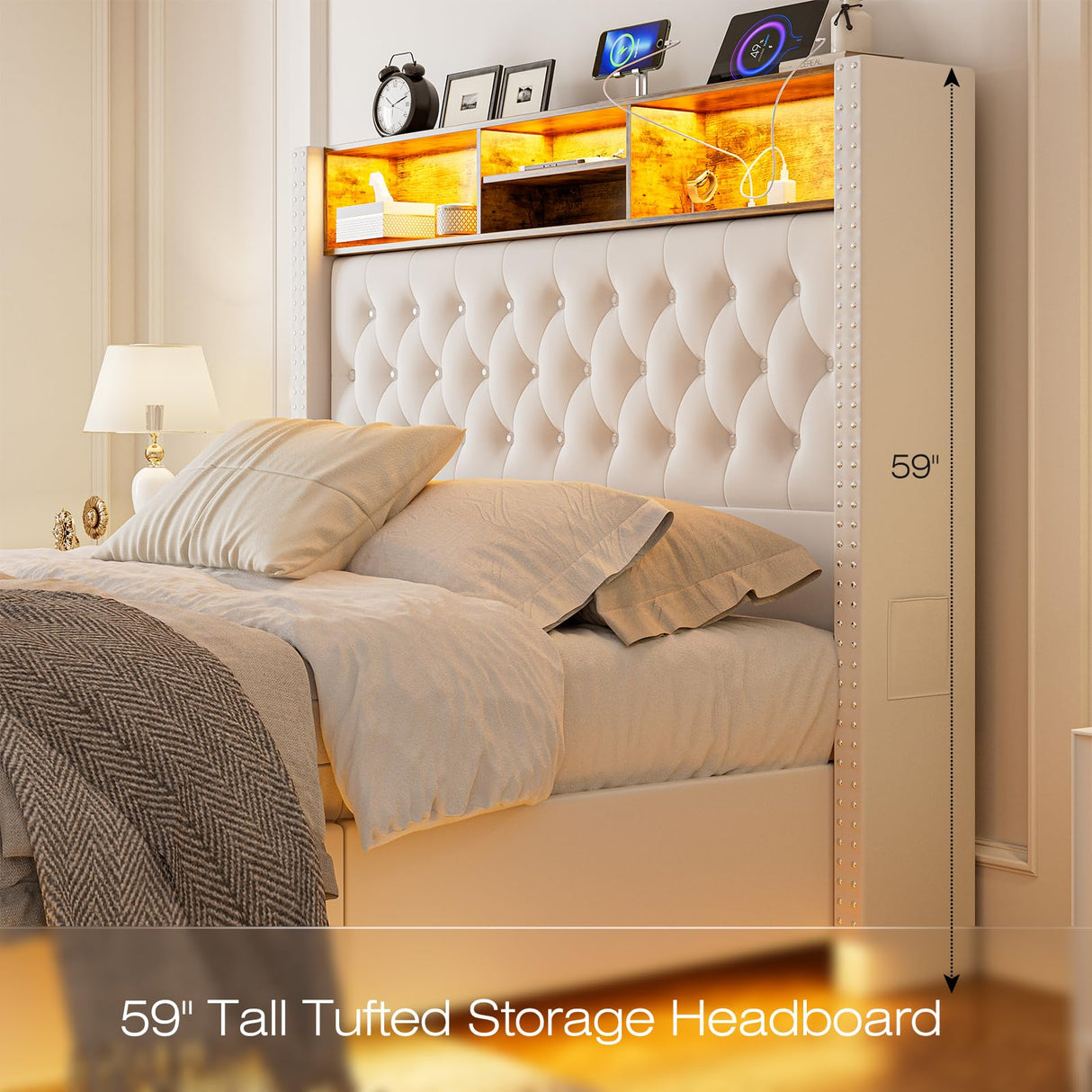 Floating Queen Size Bed Frame with Velvet Upholstery, Storage Headboard & LED Lights by CIKUNASI CIKUNASI