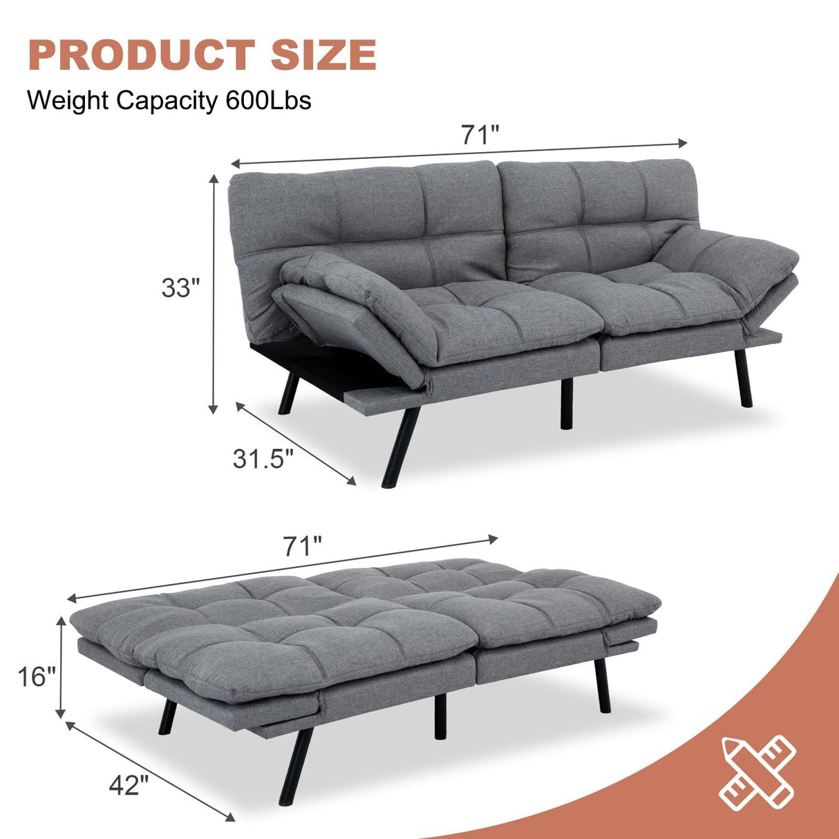 MUUEGM Futon Sofa Bed,Memory Foam Modern Convertible Couch Bed,Folding Futon Sleeper Couch with Compact Living Space,Apartment,Dorm,Bonus Room,71" D x 33" W x 31.5" H,Grey MUUEGM