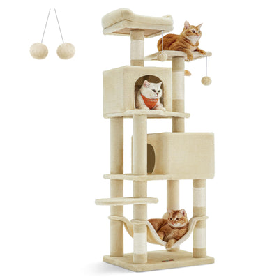 Feandrea Cat Tree, 61-Inch Cat Tower for Indoor Cats, Plush Multi-Level Cat Condo with 5 Scratching Posts, 2 Perches, 2 Caves, Hammock, 2 Pompoms, Beige UPCT192M01