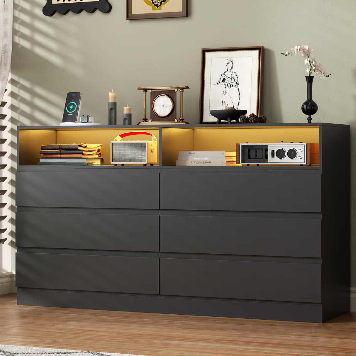 STIKELY 6 Drawer Dresser for Bedroom with Power Outlet, Black Dressers with LED Light, Dresser Chest of Drawers for Closet,Wooden Dressers Organizer Cabinet for Living Room,Entryway, Hallway STIKELY