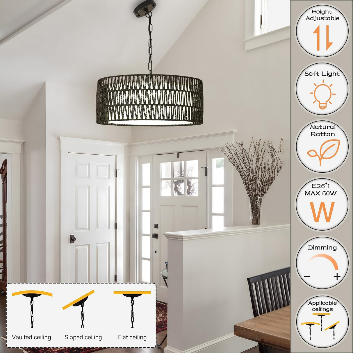 Farmhouse Rattan Chandelier Light Fixture, Black boho Pendant Light Hand Woven Chandeliers for Dining Room with Fabric Shade, Large Wicker Coastal Pendant Light for Kitchen Bedroom Island Hallway JTYP