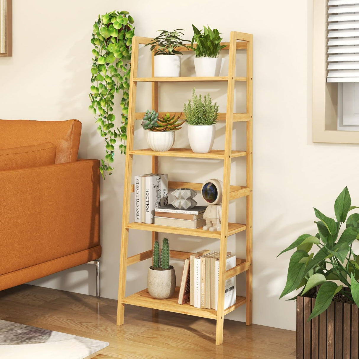 Giantex 4-Tier Bookshelf, 47.5" Bamboo Open Bookcase Book Shelf with Storage, Freestanding Display Shelving Unit Plant Stand, Ladder Shelf for Small Space, Bedroom, Living Room, Home Office, Natural Giantex