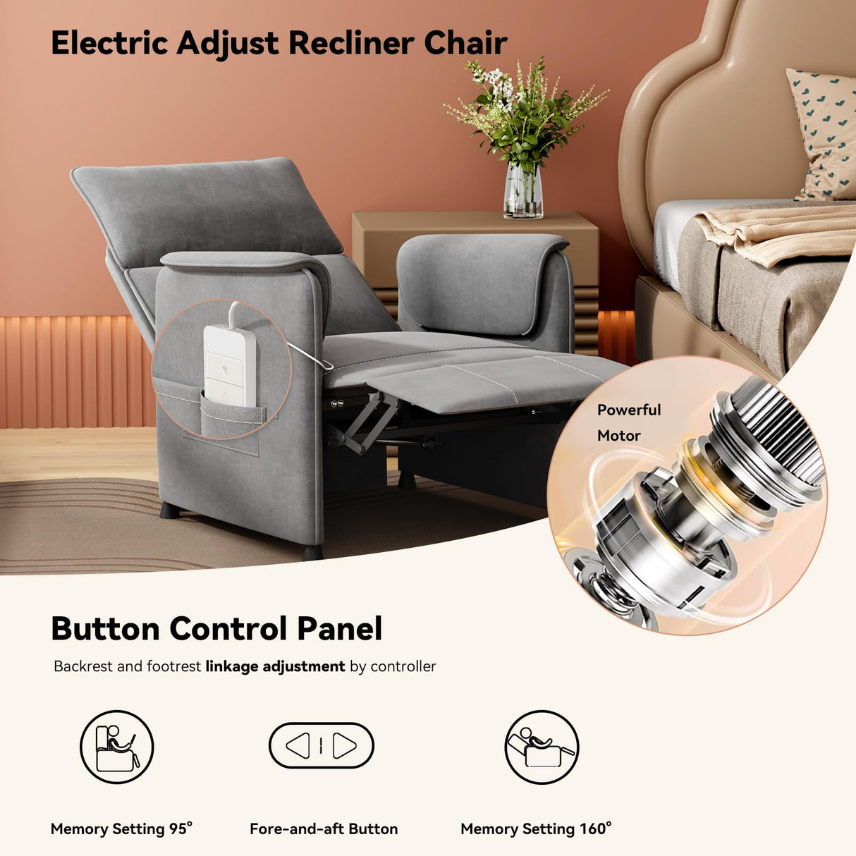 Liftsync Recliner Chair,Electric Adjustable Flannelette Recliner with Remote Control and Padded Backrest,Home Theater Recliner Single Sofa Seat with Thick Seat Cushion for Living Room Bedroom (Grey) Liftsync