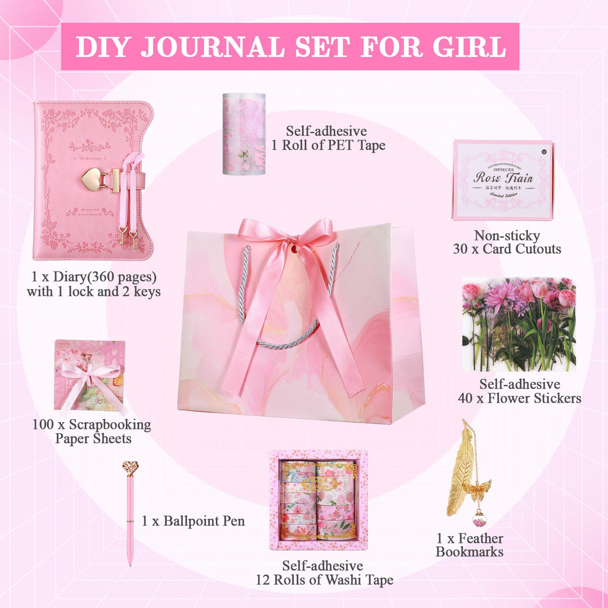 Janlaugh DIY Journal Diary with Lock Set Scrapbook Kit Stationary Diary Supplies Art Crafts Kit for Birthday Holidays Ideal Gifts for Women Teen Girls(Pink,Classic) Janlaugh