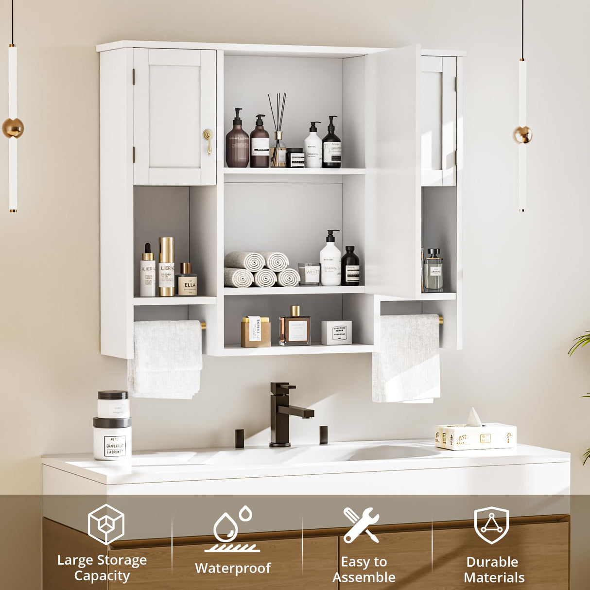 VECELO Bathroom Wall Cabinet with Mirror, Wall Mounted Medicine Cabinet with Open Shelves, 2 Towels Bars for Bathroom Laundry Room Kitchen, 35.04 * 7.09 Inches, Gold VECELO