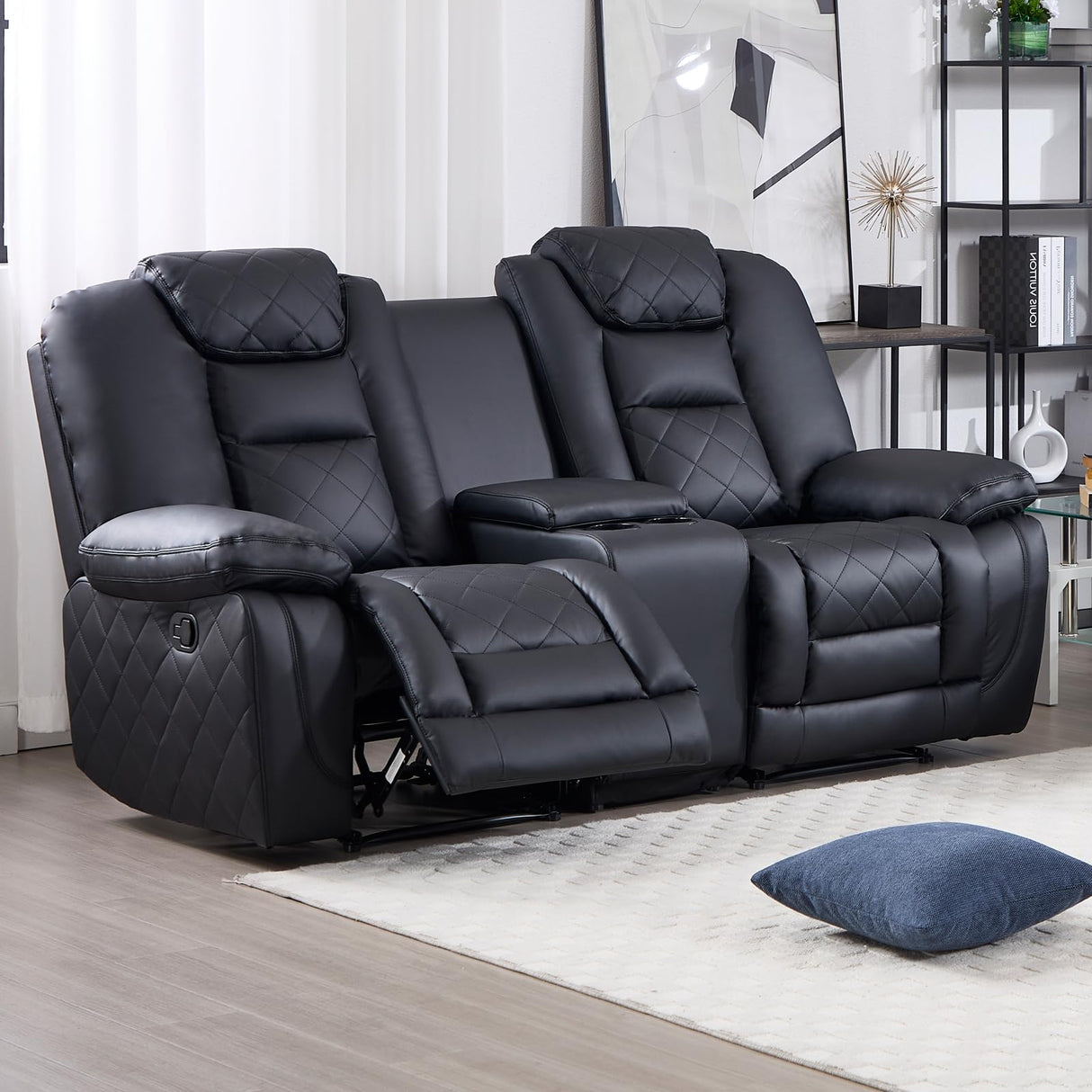 EBELLO Faux Leather Manual Loveseat Recliner Sofa, 2 Seat Reclining Couch Chair with Center Console, Hidden Storage and Cup Holders, Home Theater Seating for Living Room, Black (Loveseat) EBELLO