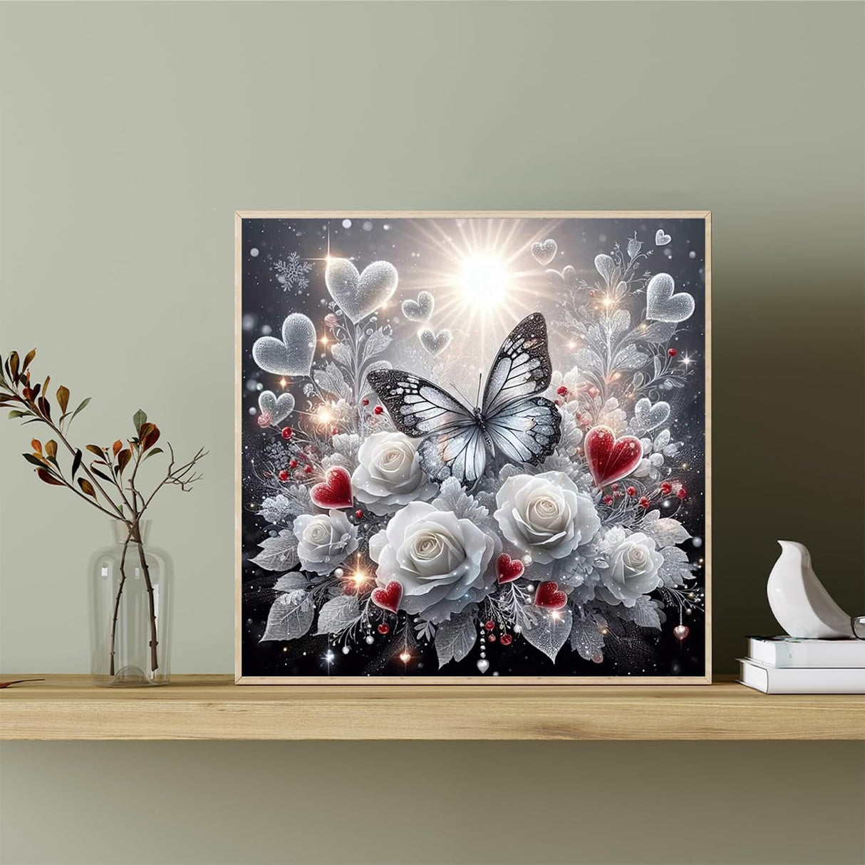 Gearock Butterfly Diamond Art Kits for Adults, 5D DIY White Rose Heart Beginners Diamond Painting Kits for Room Bedroom Living Room Bathroom Wall Decor 12x12 Inch Gearock