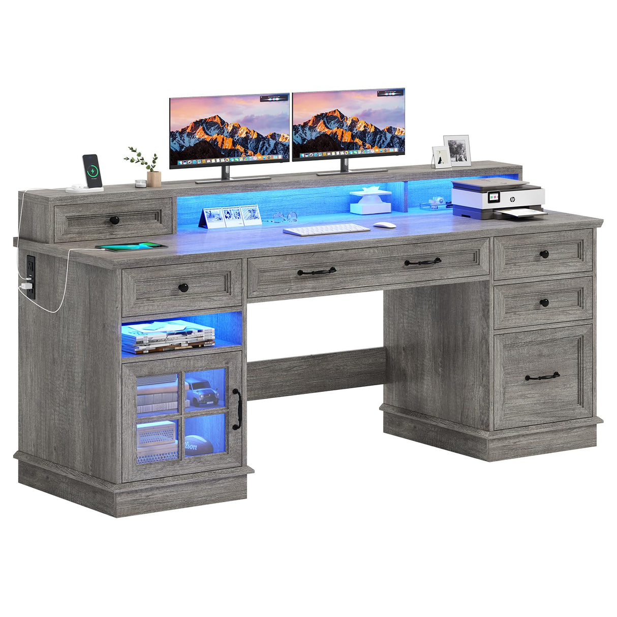 BTHFST Farmhouse Executive Desk with File Drawer, Computer Desk with Charging Station & LED Lights, Home Office Desk with Drawers & Storage Cabinet, Executive Office Desk with Monitor Stand, Grey BTHFST