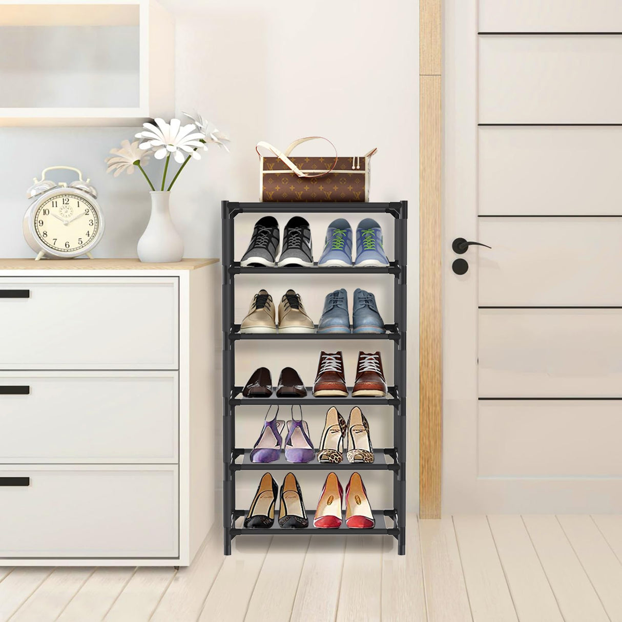 esonstyle 6 Tiers Vertical Shoe Rack Up to 12-16 Pairs, Sturdy Metal Narrow Shoe Rack Shoe Shelf, Space-Saving Tall Shoe Rack for Closet,Bedroom Hallway Garage Living Room esonstyle