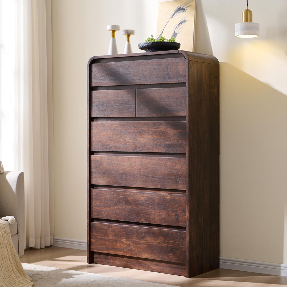 Aitjunz Modern 7 Drawers Dresser for Bedroom, 55" Tall Dressers & Chest of Drawers w/Curved Profile Design, Wood Mid Century Vertical Storage Dressers Organizer for Bedroom, Living Room, Brown Aitjunz