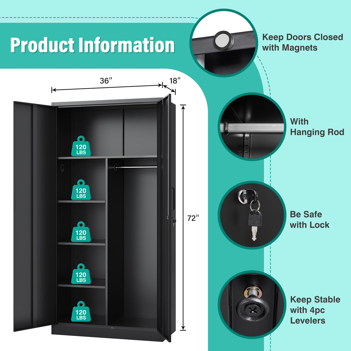 Wide & Deep Metal Storage Cabinet with Hanging Rod,Black Broom Closet Storage Cabinet with Lock,72" Tall Wardrobe Cabinets with Doors and Shelves,Locking Steel Tool Cabinets for Home,Office,Garage SISESOL