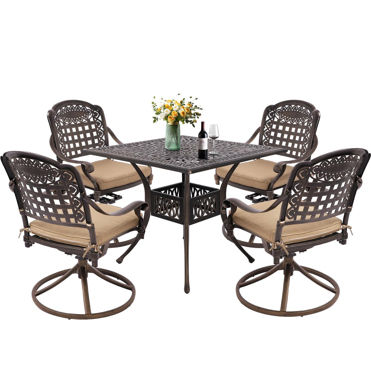 Grepatio 5 Piece Cast Aluminum Patio Dining Set Outdoor Furniture Set with 4 Mesh Swivel Rocker Ding Chairs, 4 Khaki Cushions and 35.4" Square Patio Table 2.4" Umbrella Hole, Antique Bronze Grepatio