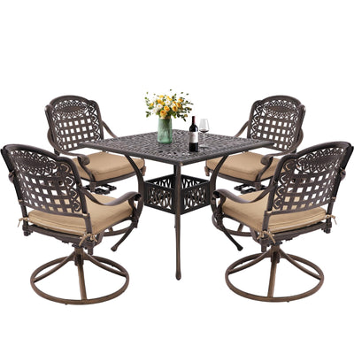 Grepatio 5 Piece Cast Aluminum Patio Dining Set Outdoor Furniture Set with 4 Mesh Swivel Rocker Ding Chairs, 4 Khaki Cushions and 35.4" Square Patio Table 2.4" Umbrella Hole, Antique Bronze