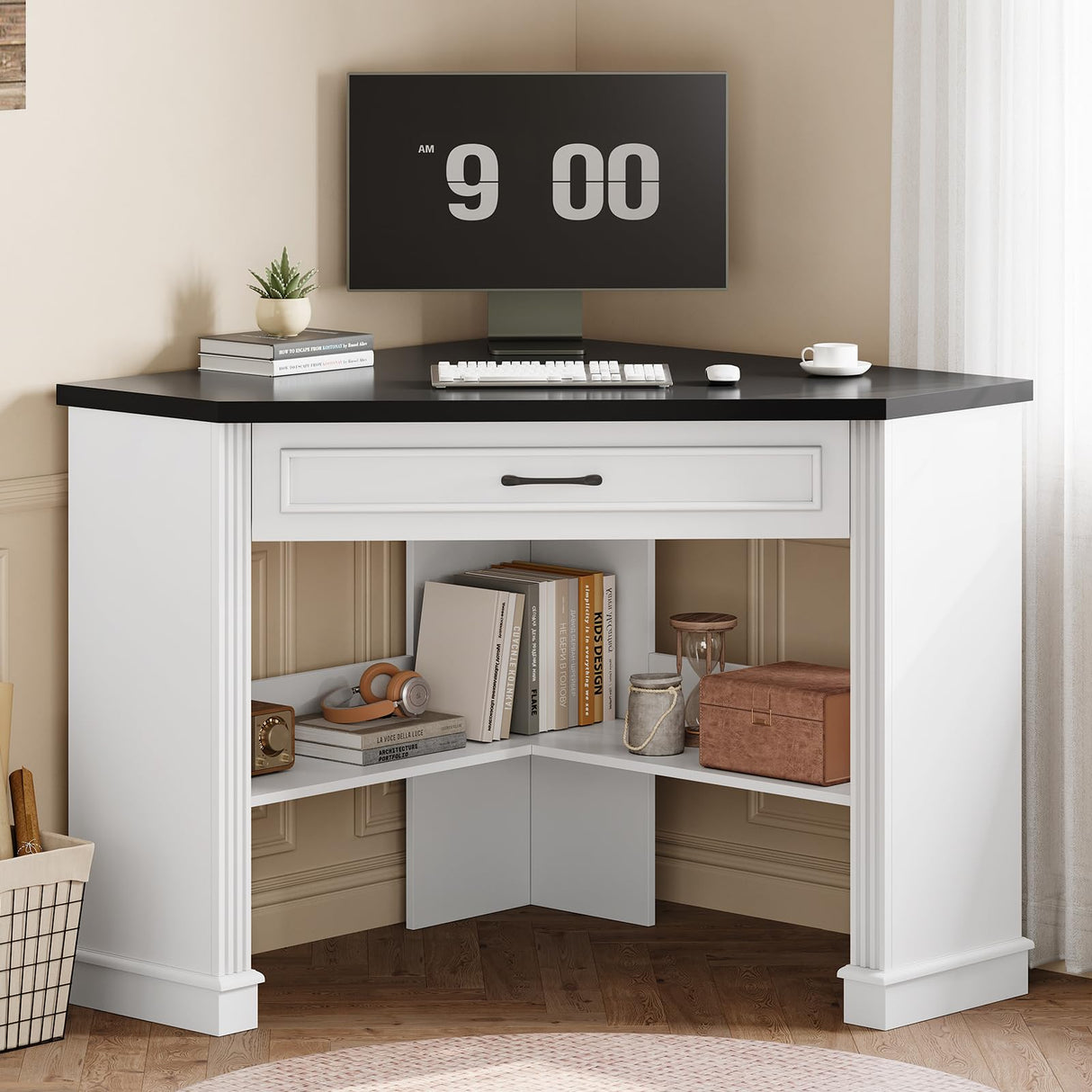 SEDETA 31.5" Corner Desk, Small Corner Desk for Small Space, Farmhouse Corner Computer Desk with Drawer, Small Computer Desk with Storage Shelves for Home Office, Living Room, Bedroom, White SEDETA