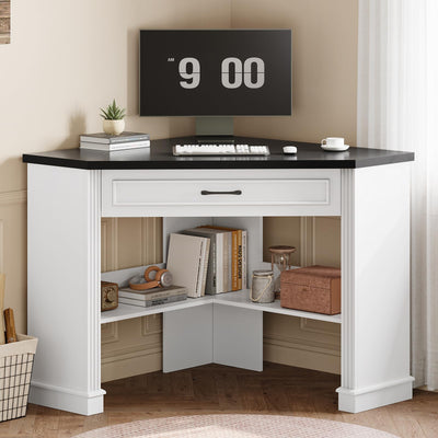 SEDETA 31.5" Corner Desk, Small Corner Desk for Small Space, Farmhouse Corner Computer Desk with Drawer, Small Computer Desk with Storage Shelves for Home Office, Living Room, Bedroom, White