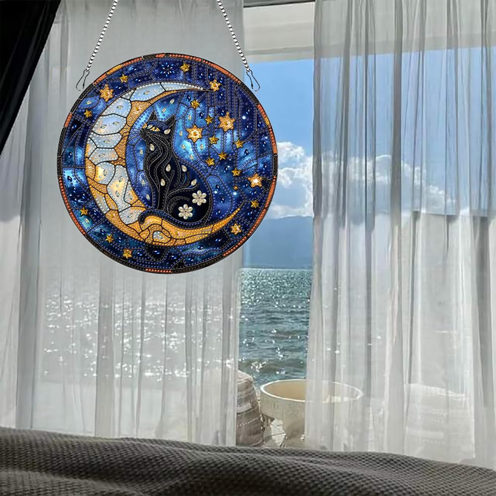 hyzsj DIY Hanging Diamond Art Pendant Painting Kit Cat,Acrylic 5D Moon Painting Window Pendants, Special Crystal Gem Craft Painting Kit Ornament hyzsj
