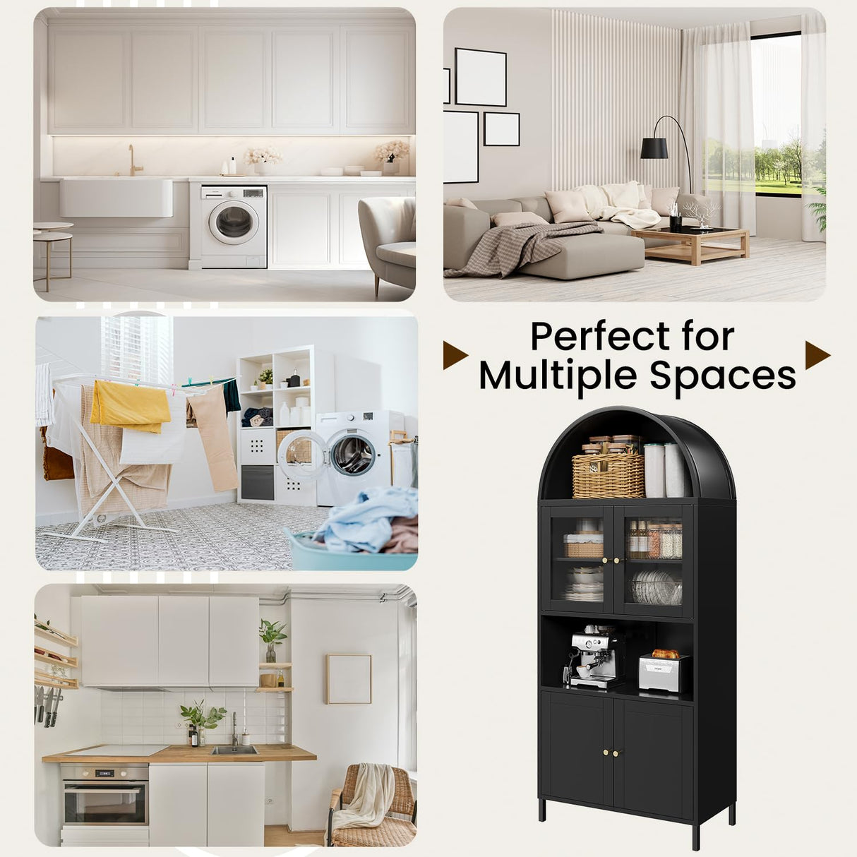 JFHID 73'' Arched Metal Storage Cabinet, Modern Kitchen Pantry with Glass Door & Adjustable Shelves, Display Bookcase Curio Cabinet for Living Room, Dining Room or Kitchen JFHID