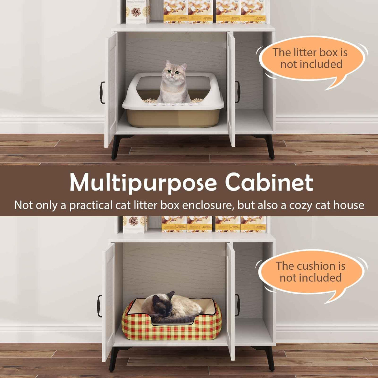 PETSITE Cat Litter Box Enclosure with Storage Shelf, 52 Inches Tall Modern Wooden Hidden Litter Box Furniture with Storage Shelving, Ideal for Indoor Cats (White) PETSITE