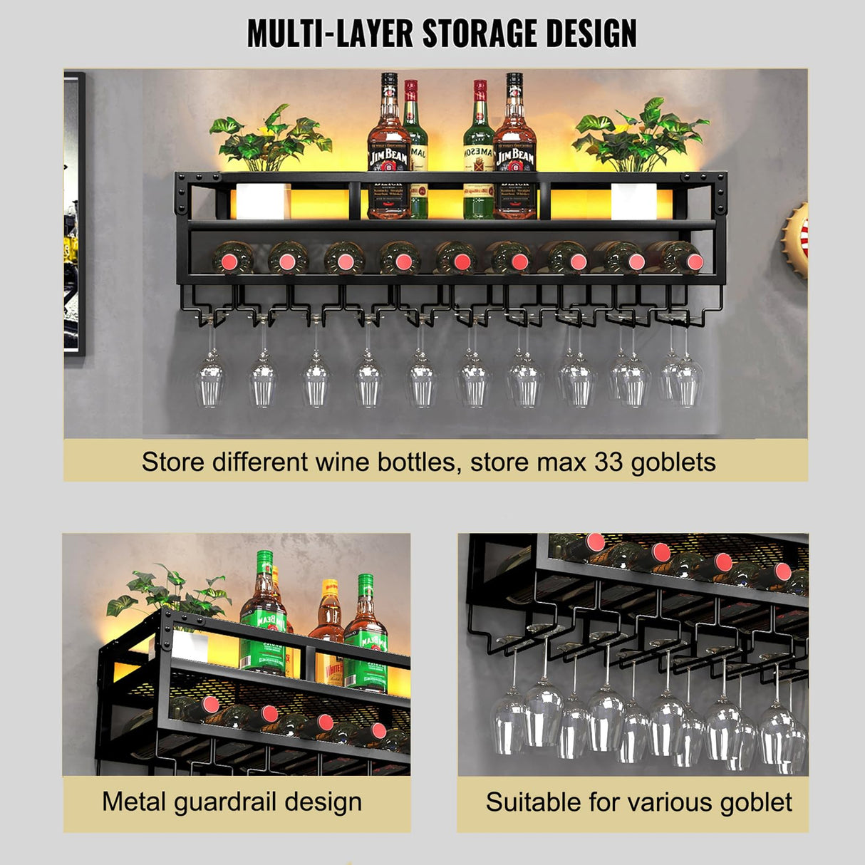 Pengfei LED Wine Rack Wall Mounted, Industrial Metal Wall Wine Shelf & Glass Holder, Large Floating Shelves Wine Bottle Storage Display Rack for Home Bar Dining Room Decor, Black Pengfei