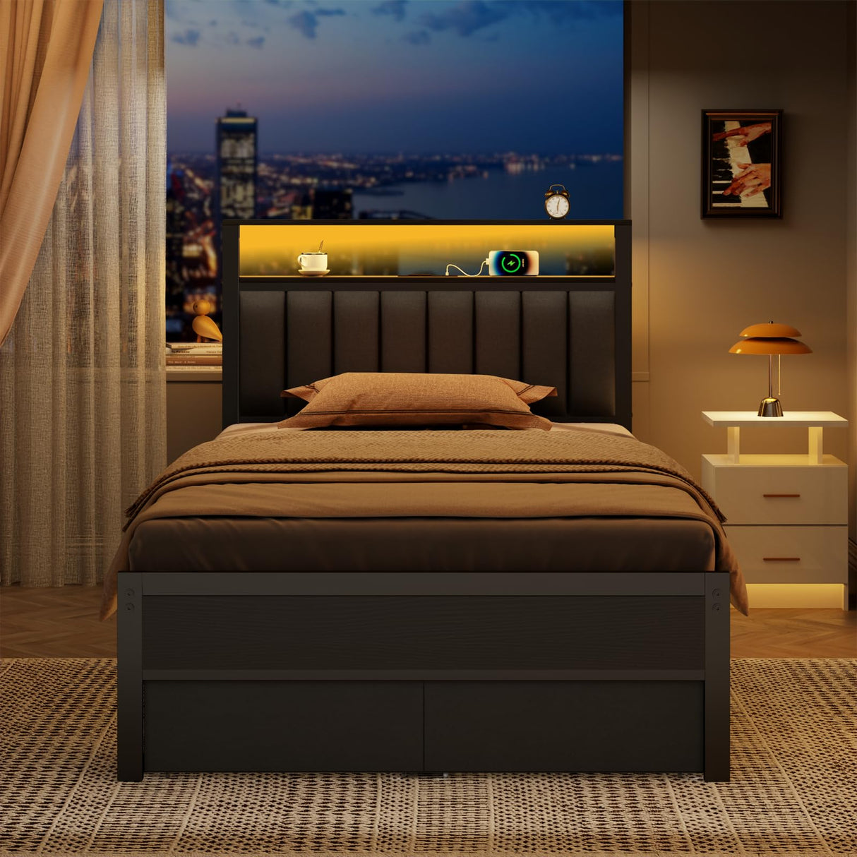 Furnulem Twin Bed Frames with Charging Station and LED Lights, Grey Upholstered Headboard with Shelves, Metal Platform Bed with 2 Under-Bed Storage (Fabric Drawer on Wheels), No Box Spring Needed Furnulem