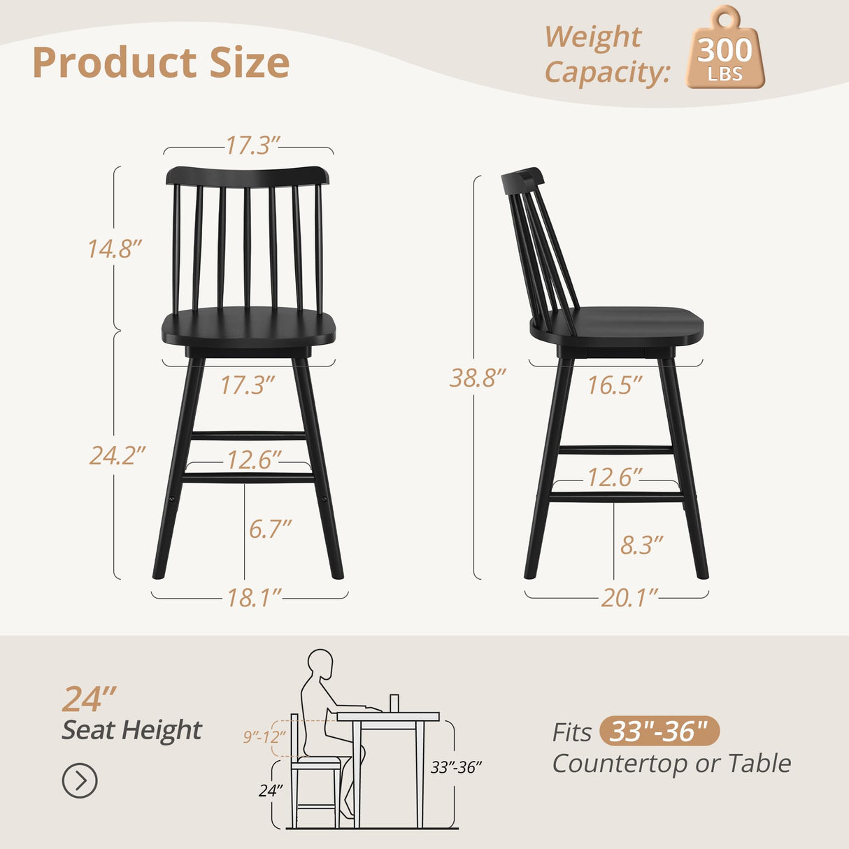 LUE BONA 360° Swivel Bar Stools Set of 4, Black Windsor Barstools, Counter Height Barstool with Spindle Back, 24 inch Farmhouse Wooden Counter Stools for Kitchen Island, Pub, Bistro, Cafe LUE BONA