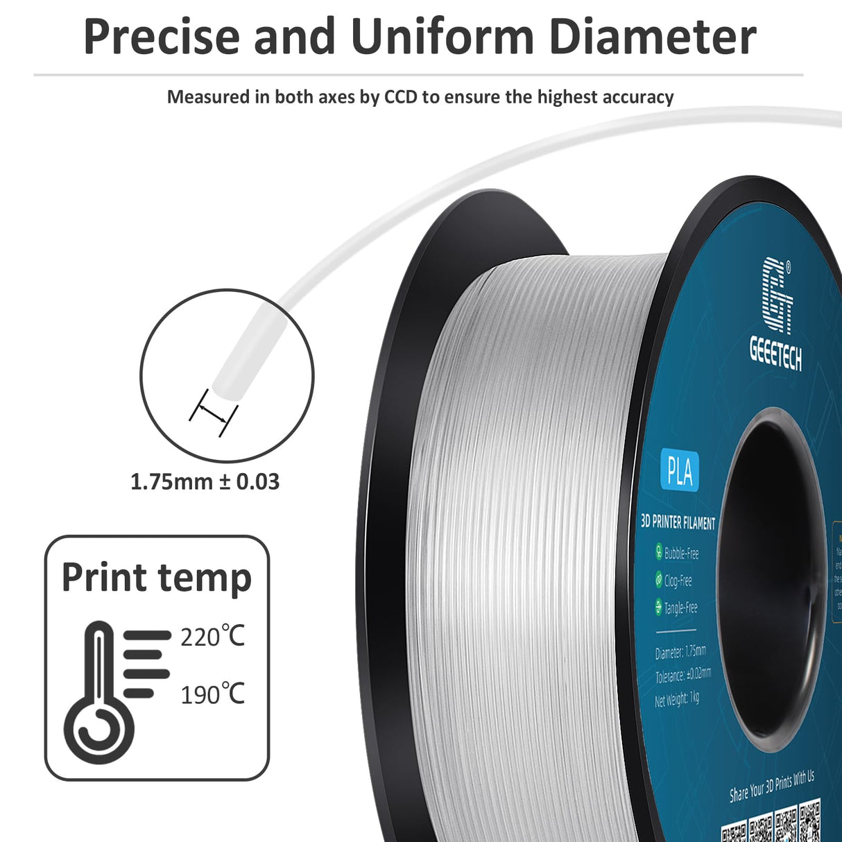 Geeetech Clear PLA Filament 1.75mm, Excellent Transparency, Neatly Wound 3D Printer Filament 1kg(2.2lbs), Dimensional Accuracy +/- 0.02 mm, Fit Most FDM 3D Printers Geeetech
