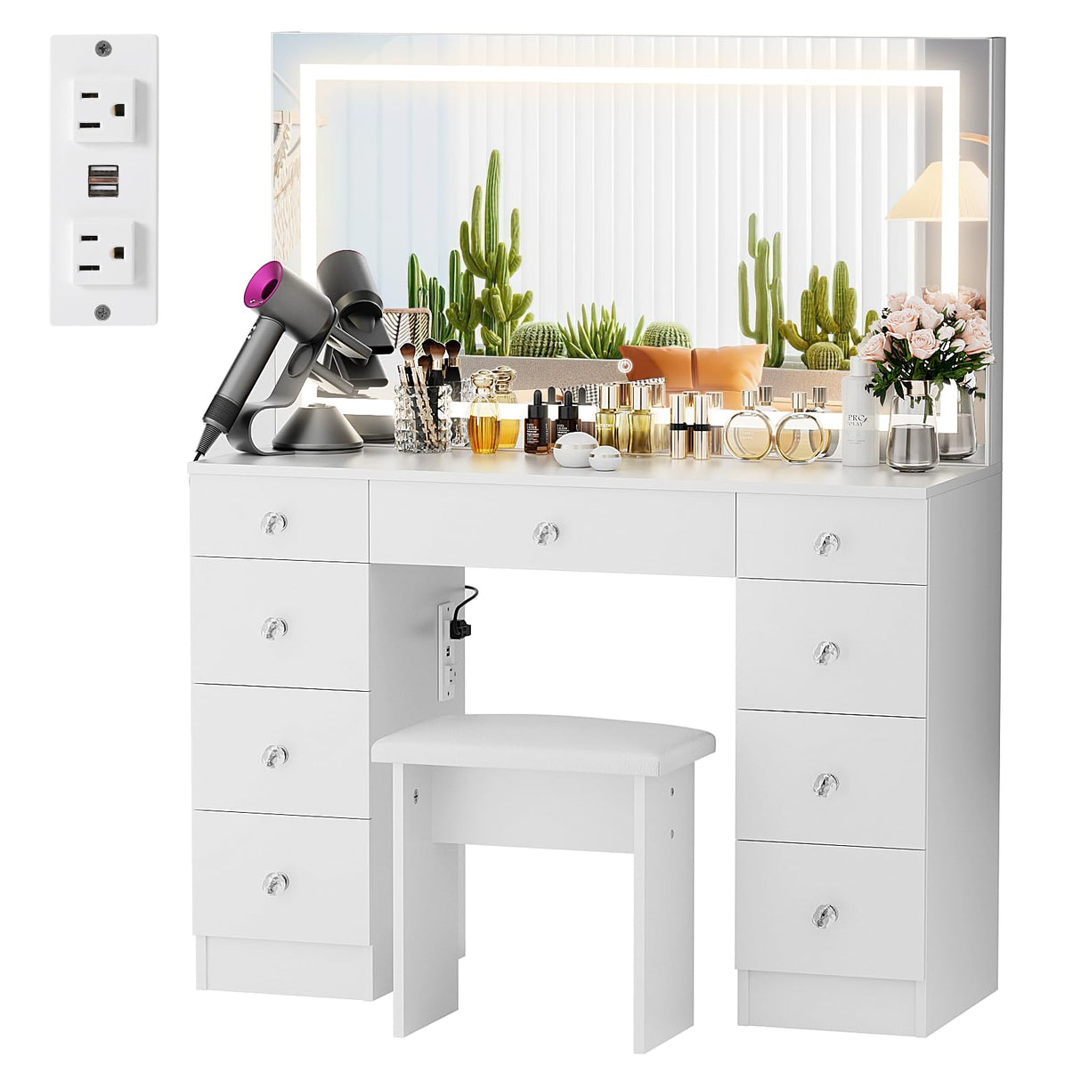 VOWNER Vanity with Lighted Mirror - Makeup Vanity Desk with Power Outlet and 9 Drawers, 3 Color Lighting Modes Adjustable Brightness, 43" Vanity Table with Soft Cushioned Stool for Bedroom, White VOWNER