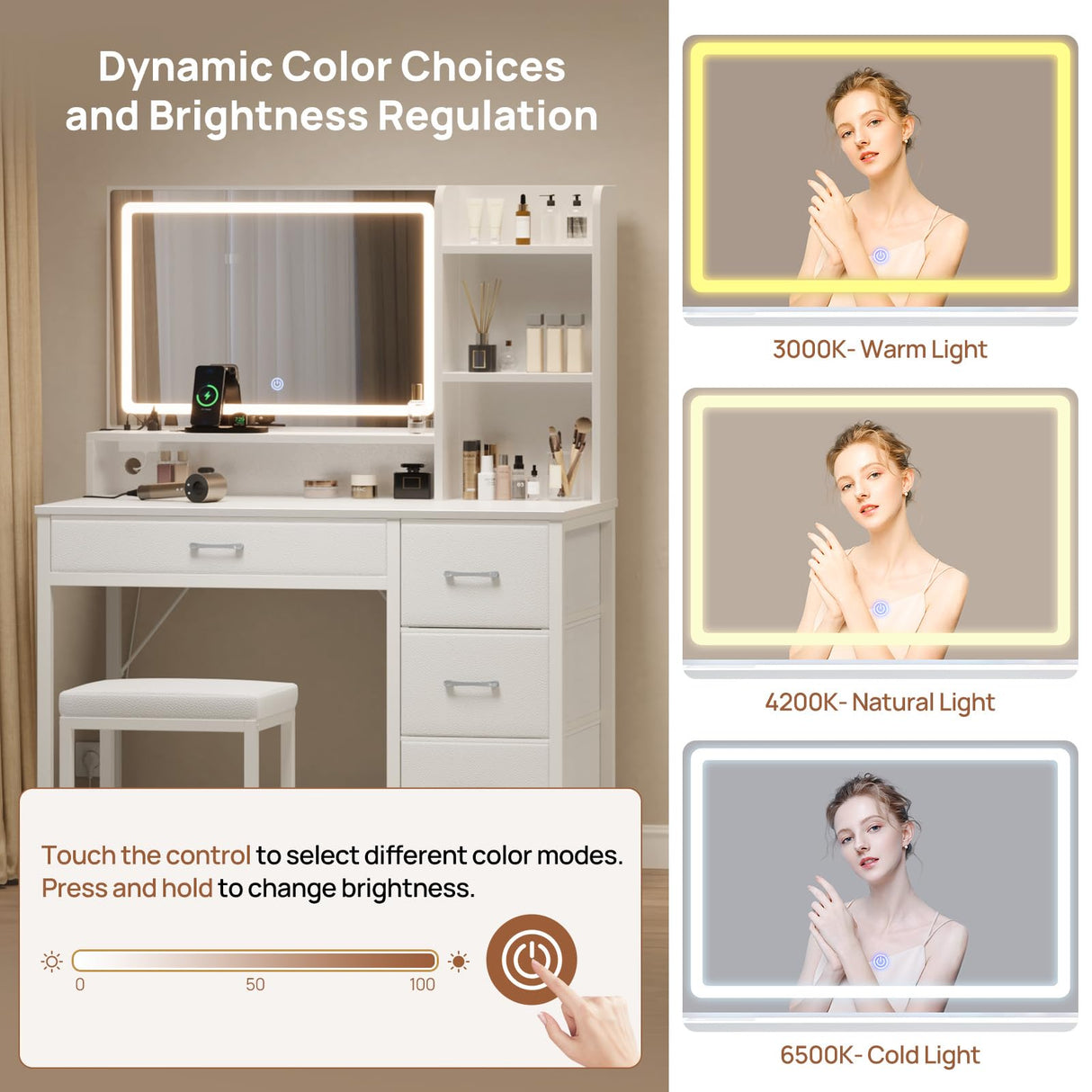 Rolanstar Vanity Desk with Mirror and Lights, Makeup Vanity with Upholstered Vanity Stool, 4 Drawers, Power Outlets, Vanity Set with 4 Compartments for Bedroom White Rolanstar