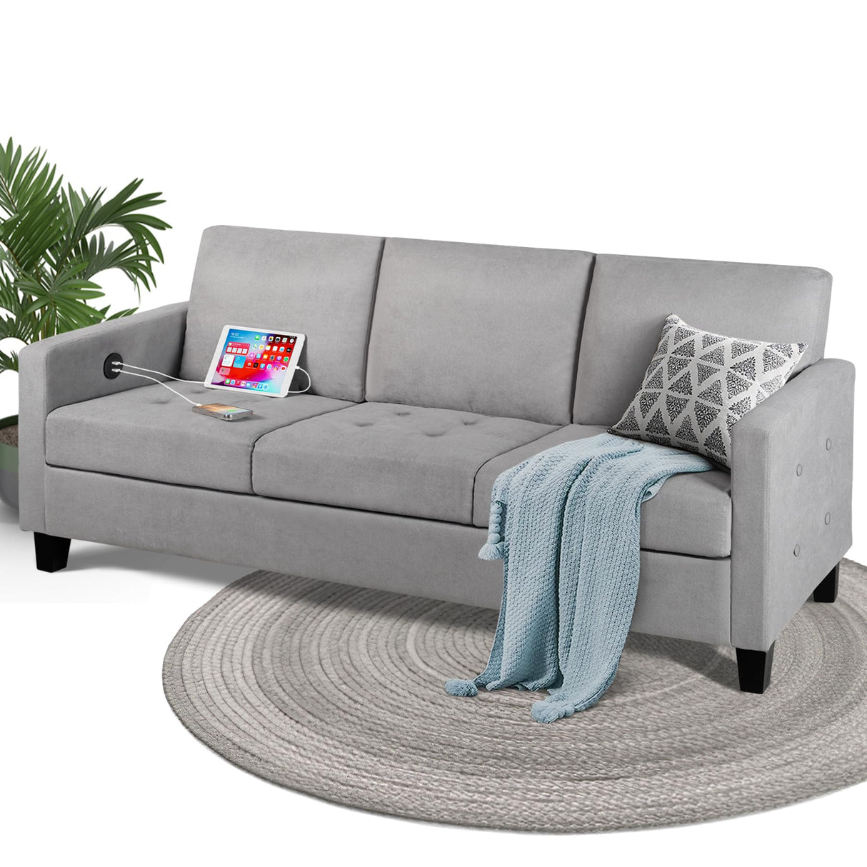 STHOUYN 72" W 3 Person Seater Couch Sofa with USB Ports, Grey Comfy Couches for Small Spaces, Mid Century Modern Gray Couch for Living Room Apartment Bedroom (Light Grey) STHOUYN