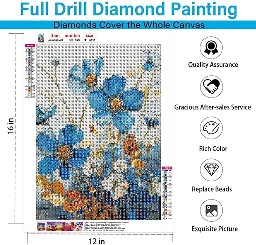 EIBEILI Diamond Painting Kits for Adults DIY 5D Diamond Art Paint with Round Diamonds Full Dril Gem Art Blue Flowers Painting Kit for Home Wall Decor Gifts 12x16inch EIBEILI