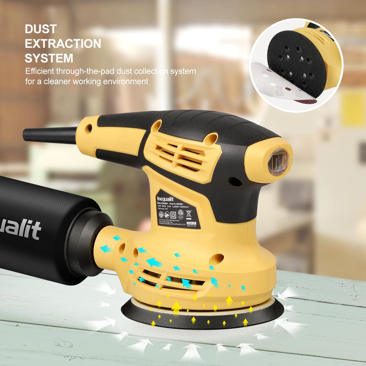 Inequalit 2.4Amp 5 Inch Orbital Sander, 6000-13000OPM Random Orbital Sander with 6 Variable Speed, 15Pcs Sandpapers and Dust Collector Included, Fit for Sanding and Polishing Inequalit