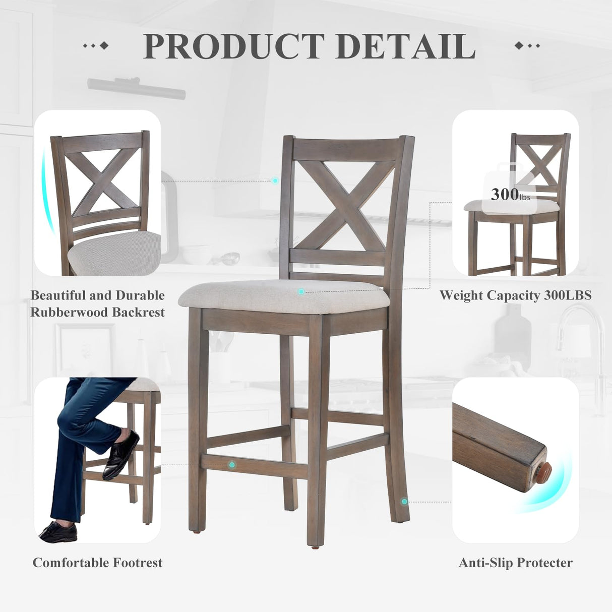 COLAMY Wooden Bar Stools Set of 2, Counter Height Bar Stools, Mid Century Modern Bar Stools with Backs, 25 Inch Upholstered Fabric Wooden Barstools for Kitchen Island Dining Room Bar, Light Brown Wash COLAMY