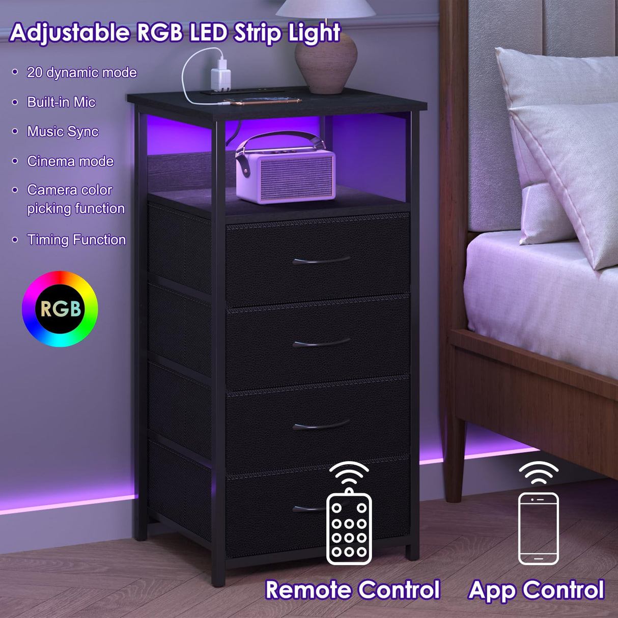 Fixwal Night Stand with Charging Station, LED Dresser for Bedroom Tall Nightstand with USB Ports and Outlets, 4 Fabric Storage Drawers with PU Finish, Bed Side Table, Black Fixwal