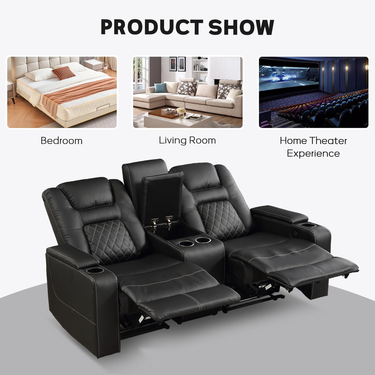 EBELLO Home Theater Seats, Faux Leather Movie Daul Recliner Chair with Console, Power Gaming Loveseat Sofa with Cup Holders and USB Charge EBELLO