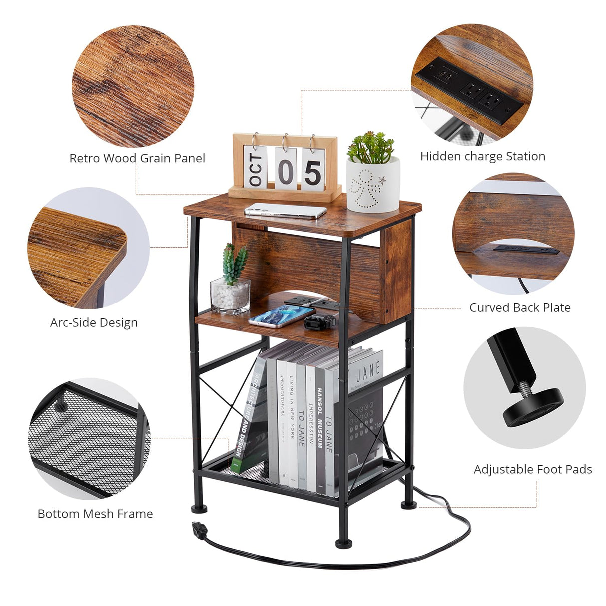 3 Tier Narrow Side Table with Charging Station, Slim End Table Nightstand Table Storage Shelf With Hidden USB Ports , Two Installation Methods For Small Spaces/Bedroom/Living Room/Office,Rustic Brown YEAKOO
