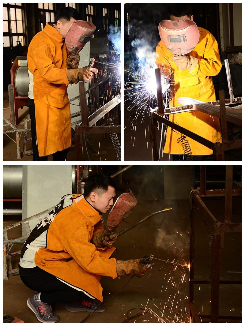 Senvitate Leather Welding Apron with Long Sleeve, Flame Resistant Welding Jacket for Men, Heavy Duty Weld Coat Blacksmith Work Apron Senvitate
