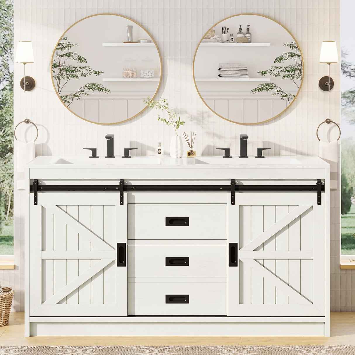 AMERLIFE 61" Farmhouse Double Bathroom Vanity with Sink Combo, Dual Basin Bathroom Storage Cabinet with Sliding Barn Doors & Drawers, Large Double Bath Vanity Sink Set, Rustic White AMERLIFE