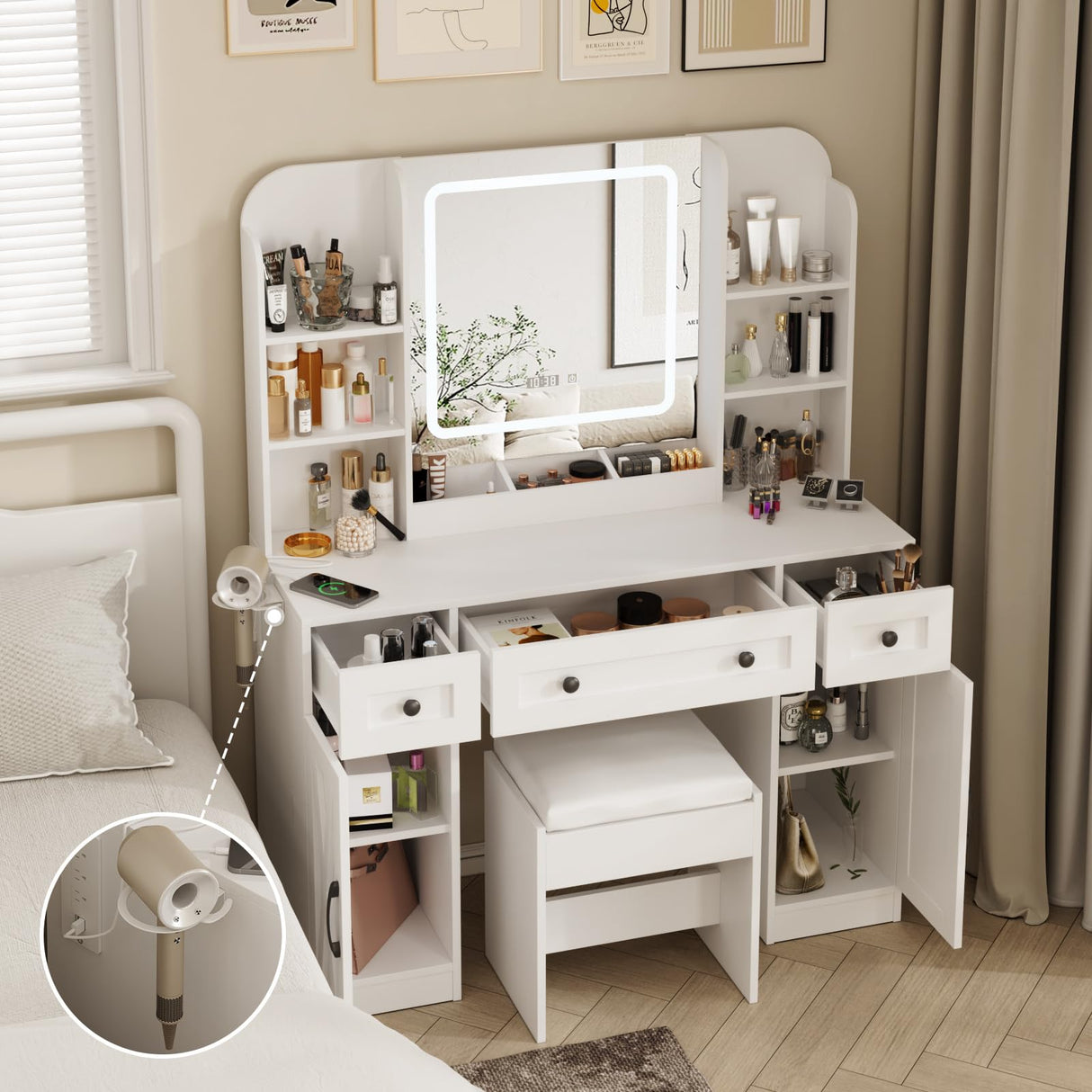 Vabches Makeup Vanity Desk, Vanity Mirror with Lights Desk and Chair, White Vanity Table with Large Storage Drawers and Shelves, Time and Temperature Display, 3 LED Lighting Modes Adjustable, White Vabches