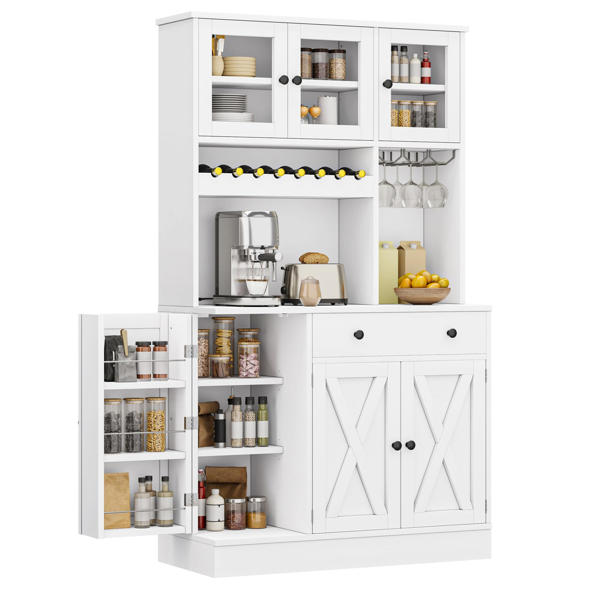 DWVO 71''H Kitchen Pantry Storage Cabinet with Power Outlet, Tall Cabinet with Doors, Shelves & Drawer, Buffet Cabinet with Goblet Holder and Wine Rack for Kitchen, Living Room (41''W, White) DWVO