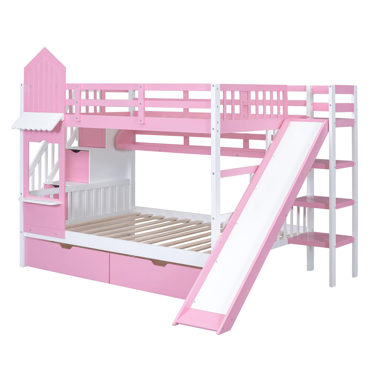 SIYSNKSI Full-Over-Full Castle Style Bunk Bed with 2 Drawers and 3 Shelves, Wood Bunk Bed Frame with Slide and Storage Staircase for Kids Teens Boys Girls, Maximize Space Savings SIYSNKSI