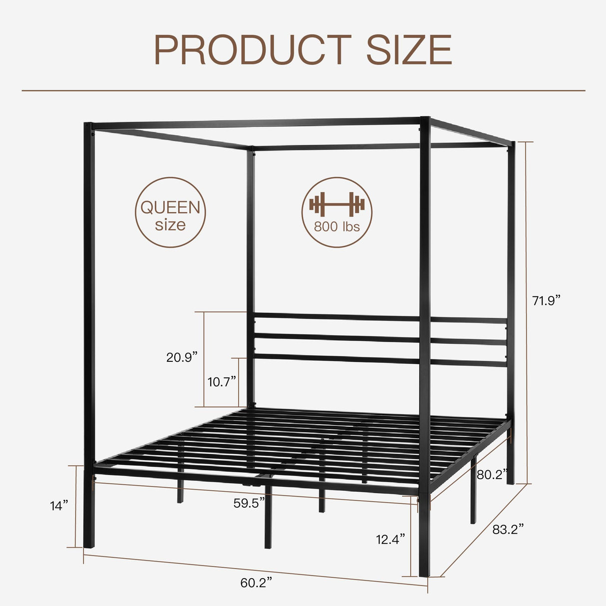 ikalido Queen Size Metal Canopy Bed Frame, Modern Four-Poster Platform Bed Frame, Mattress Foundation, Under-Bed Storage Space, No Box Spring Needed, Black ikalido