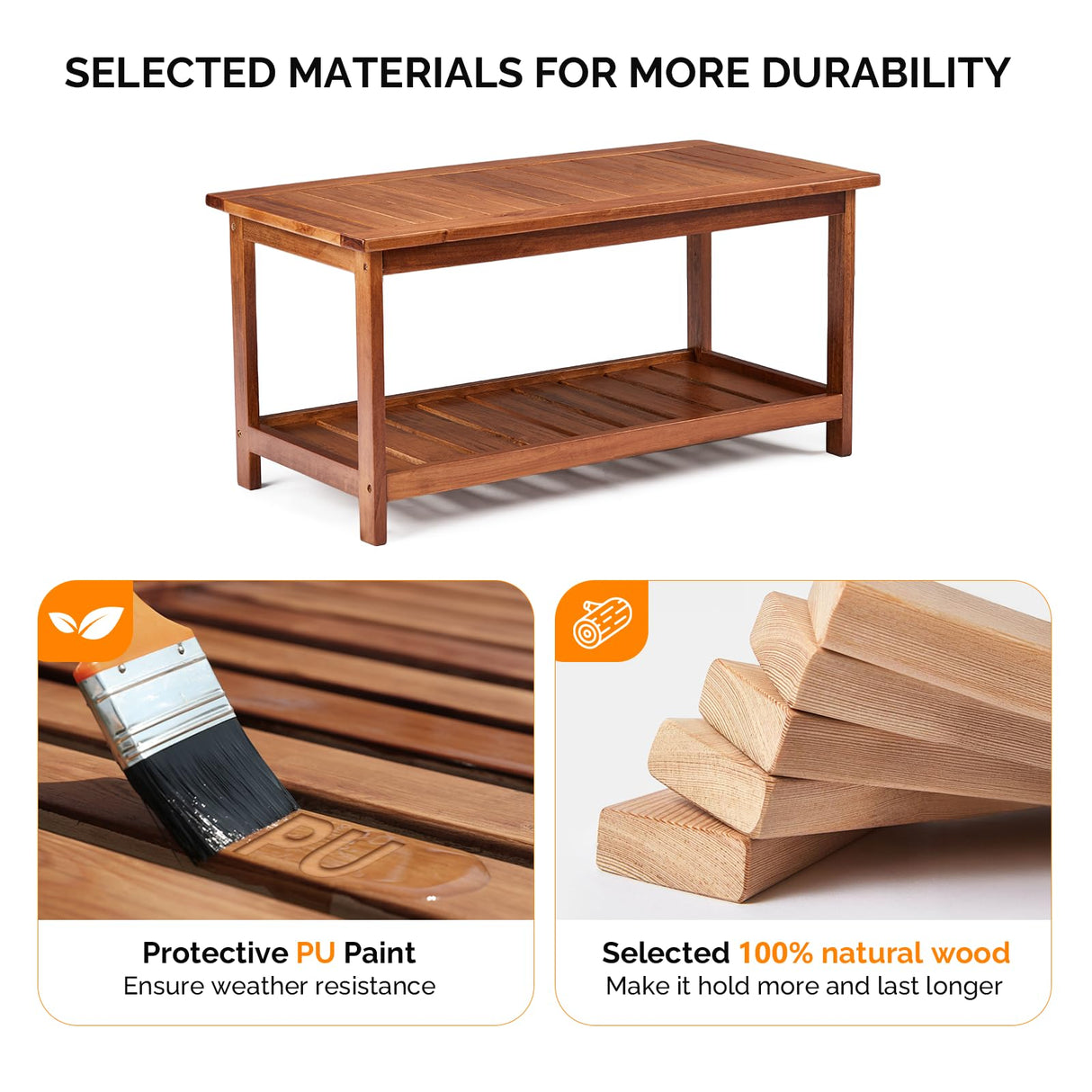 VINGLI Outdoor Wooden Coffee Table, 2-Tier Storage Rectangle Patio Coffee Table for Outside, Solid Wood Low Outdoor Table for Balcony Porch and Deck VINGLI