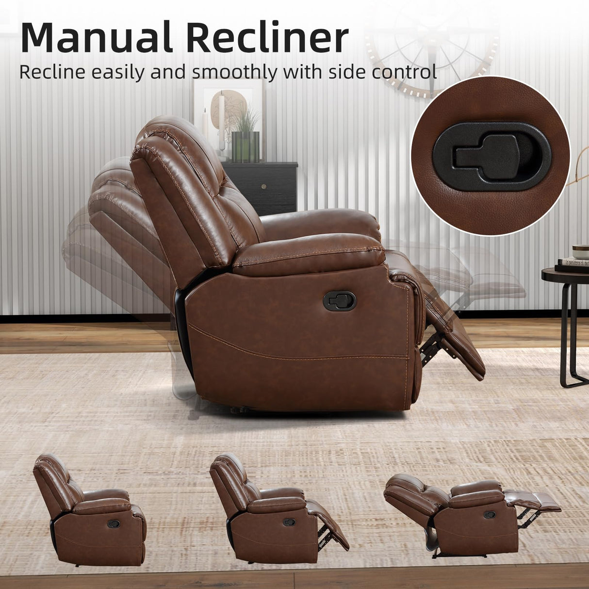 EBELLO Genuine Leather Manual Recliner Sofa Set, 1 Seat Reclining Chair, a Loveseat, a 3 Seater Sofa with Storage Cup Holders, Modern Durable Home Furniture Set for Living Room, Vintage Brown EBELLO