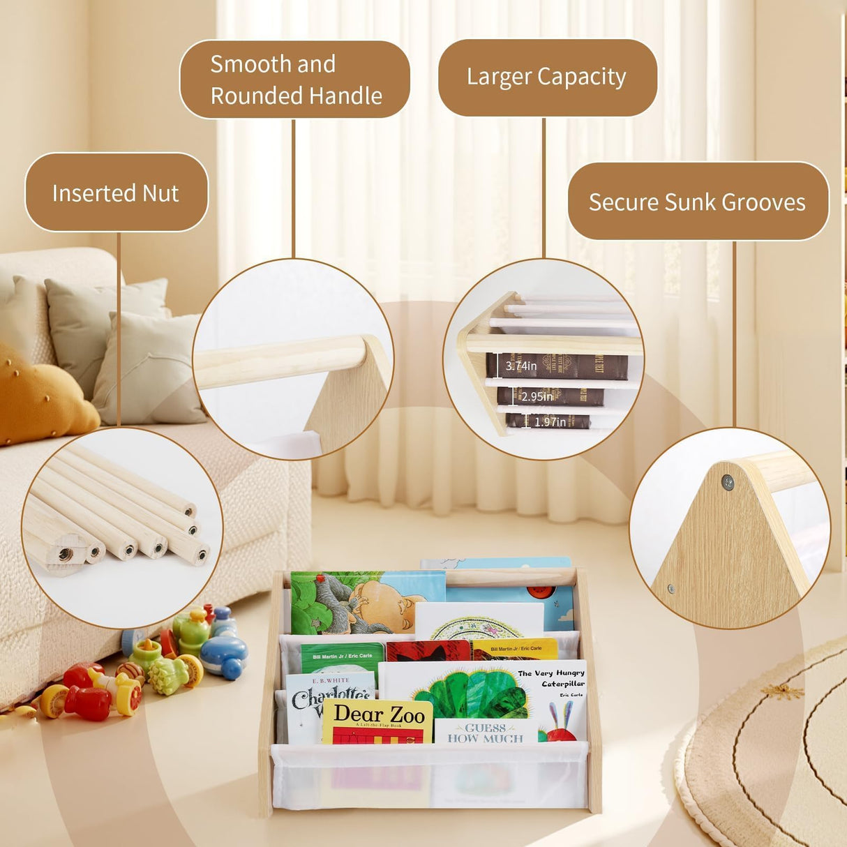 Epelay 19" Toddler Bookshelf, 6-Tier Double-Sided Kids Bookshelf, Montessori Bookcase for Toddlers with Deep Fabric Pockets, Natural Wooden Toy Storage Organizer for Nursery or Playroom Epelay