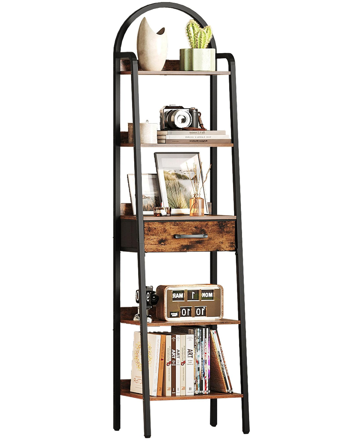CHOEZON 5 Tier Ladder Shelf with Drawer, Tall Narrow Bookshelf with Storage, Industrial Ladder Bookshelf, Tall Corner Shelves for Living Room, Bedroom, Balcony, Rustic Brown and Black TCJ07BF CHOEZON